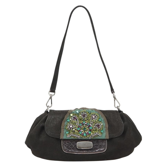 PRADA Umhängetasche Leder Dunkelbraun Silber Auth 181835M