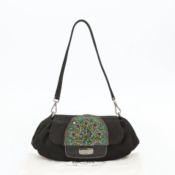PRADA Umhängetasche Leder Dunkelbraun Silber Auth 181835M