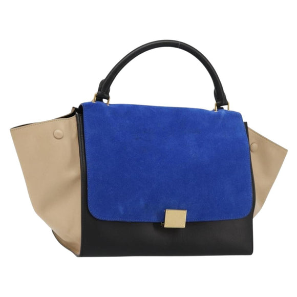 CELINE Trapeze Hand Bag Suede 2way Blue Gold Auth 181841