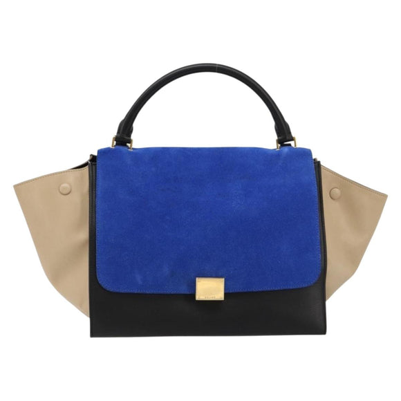 CELINE Trapeze Hand Bag Suede 2way Blue Gold Auth 181841