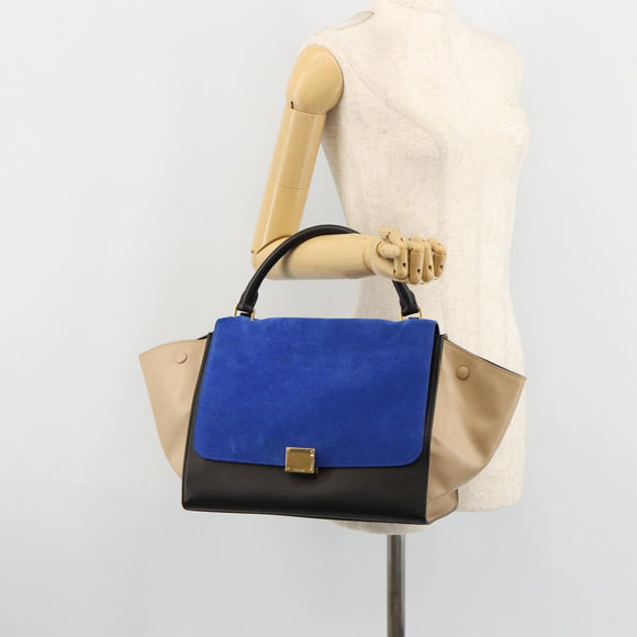 CELINE Trapeze Hand Bag Suede 2way Blue Gold Auth 181841