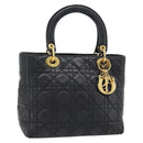 Christian Dior Canage Lady Dior Hand Bag Lamb Skin Black Gold Auth 181843A-1