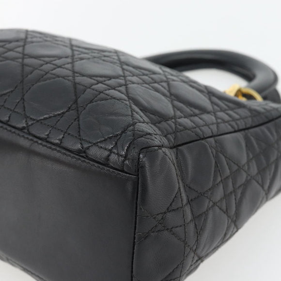 Christian Dior Canage Lady Dior Hand Bag Lamb Skin Black Gold Auth 181843A