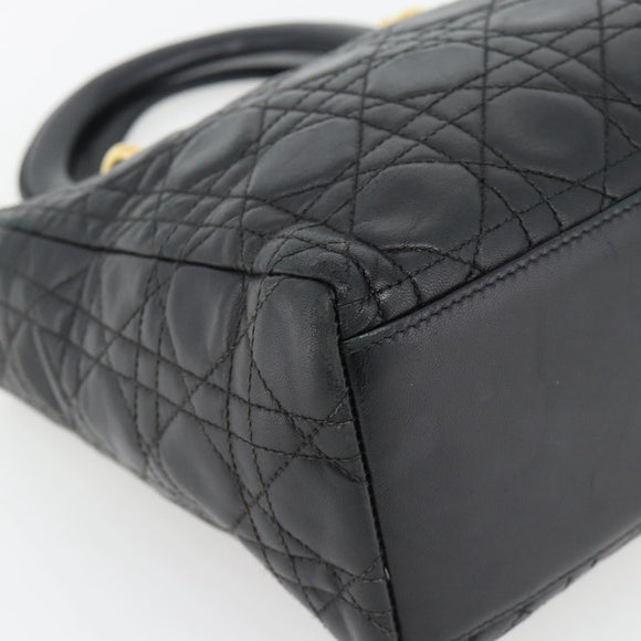 Christian Dior Canage Lady Dior Hand Bag Lamb Skin Black Gold Auth 181843A