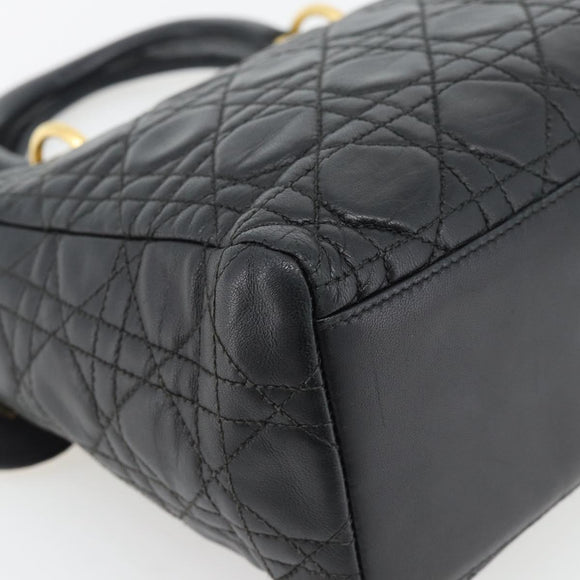 Christian Dior Canage Lady Dior Hand Bag Lamb Skin Black Gold Auth 181843A