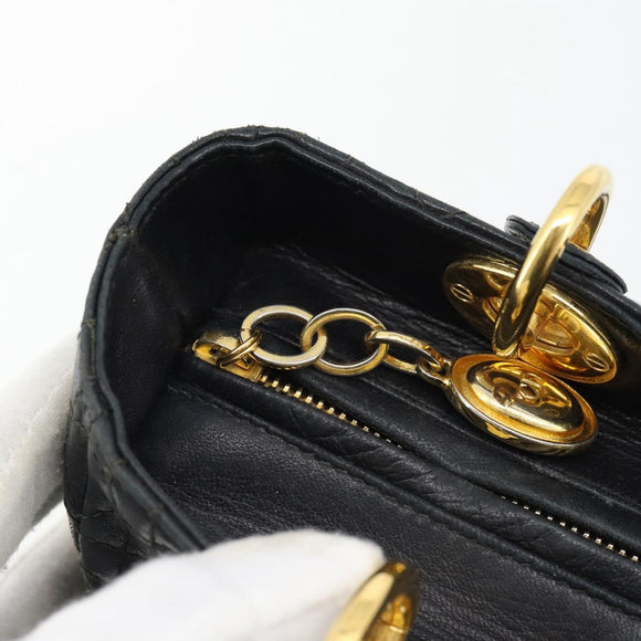 Christian Dior Canage Lady Dior Hand Bag Lamb Skin Black Gold Auth 181843A