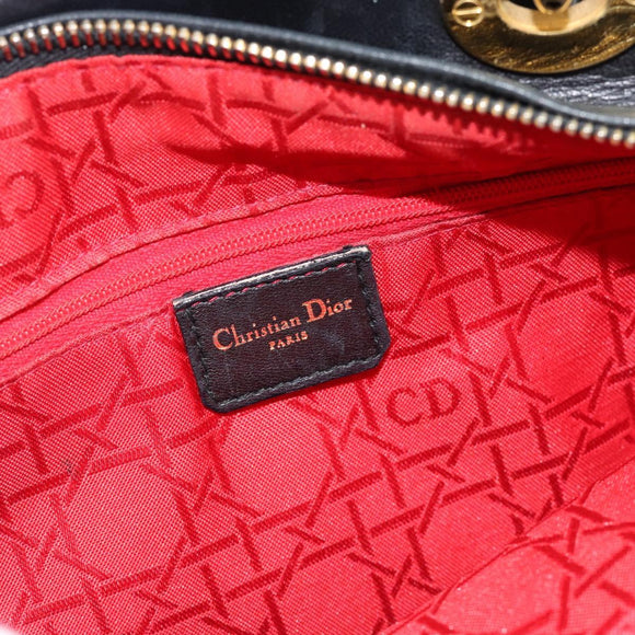 Christian Dior Canage Lady Dior Hand Bag Lamb Skin Black Gold Auth 181843A