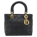 Christian Dior Canage Lady Dior Hand Bag Lamb Skin Black Gold Auth 181843A-2