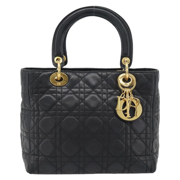 Christian Dior Canage Lady Dior Hand Bag Lamb Skin Black Gold Auth 181843A