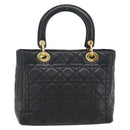 Christian Dior Canage Lady Dior Hand Bag Lamb Skin Black Gold Auth 181843A-3