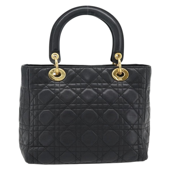 Christian Dior Canage Lady Dior Hand Bag Lamb Skin Black Gold Auth 181843A