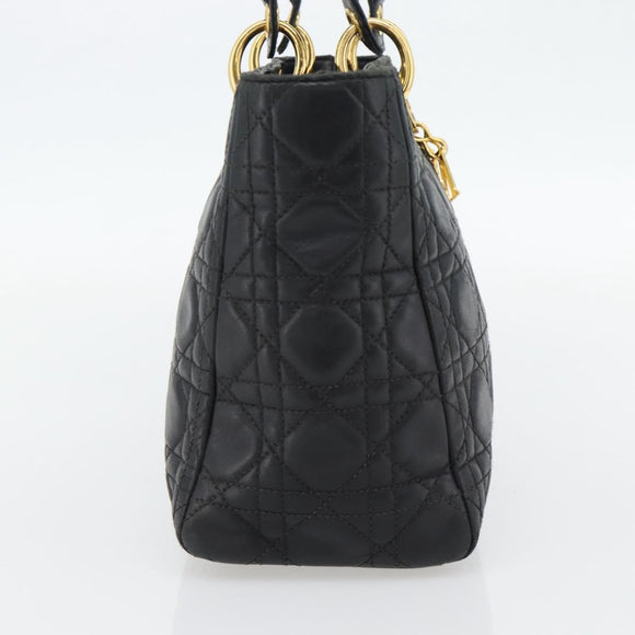 Christian Dior Canage Lady Dior Hand Bag Lamb Skin Black Gold Auth 181843A