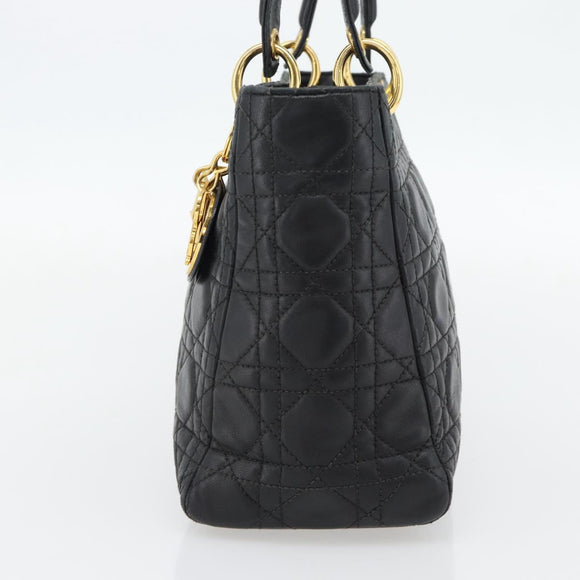 Christian Dior Canage Lady Dior Hand Bag Lamb Skin Black Gold Auth 181843A