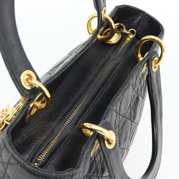 Christian Dior Canage Lady Dior Hand Bag Lamb Skin Black Gold Auth 181843A