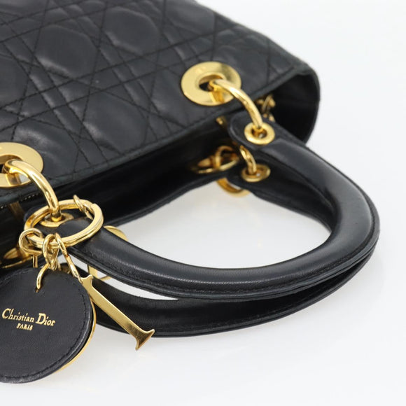 Christian Dior Canage Lady Dior Hand Bag Lamb Skin Black Gold Auth 181843A