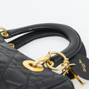 Christian Dior Canage Lady Dior Hand Bag Lamb Skin Black Gold Auth 181843A-8