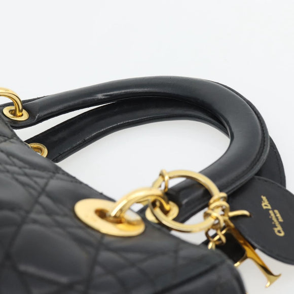 Christian Dior Canage Lady Dior Hand Bag Lamb Skin Black Gold Auth 181843A