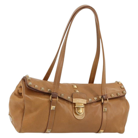 PRADA Tote Bag Leather Beige Gold Auth 181853A