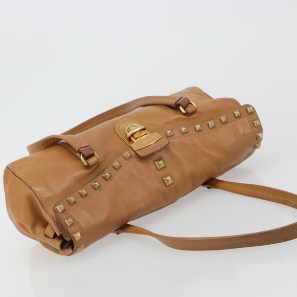 PRADA Tote Bag Leather Beige Gold Auth 181853A