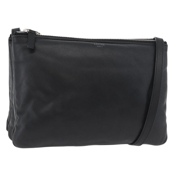 CELINE Trio Shoulder Bag Leather Black Silver Auth 181857A