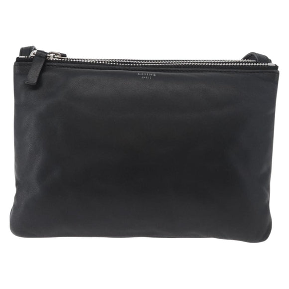 CELINE Trio Shoulder Bag Leather Black Silver Auth 181857A