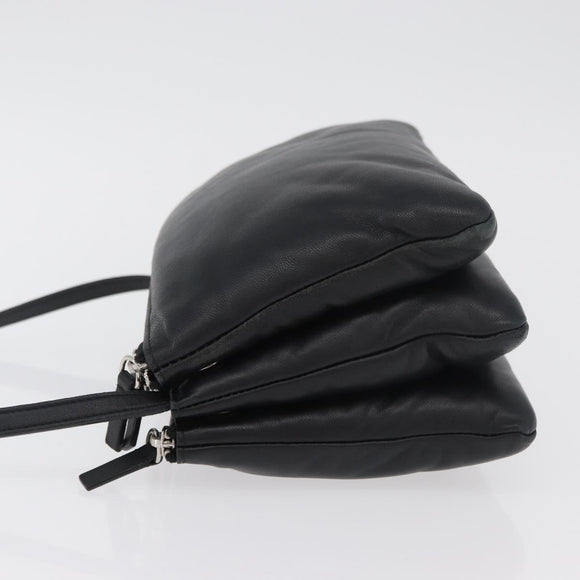 CELINE Trio Shoulder Bag Leather Black Silver Auth 181857A
