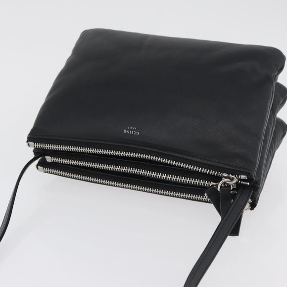 CELINE Trio Shoulder Bag Leather Black Silver Auth 181857A