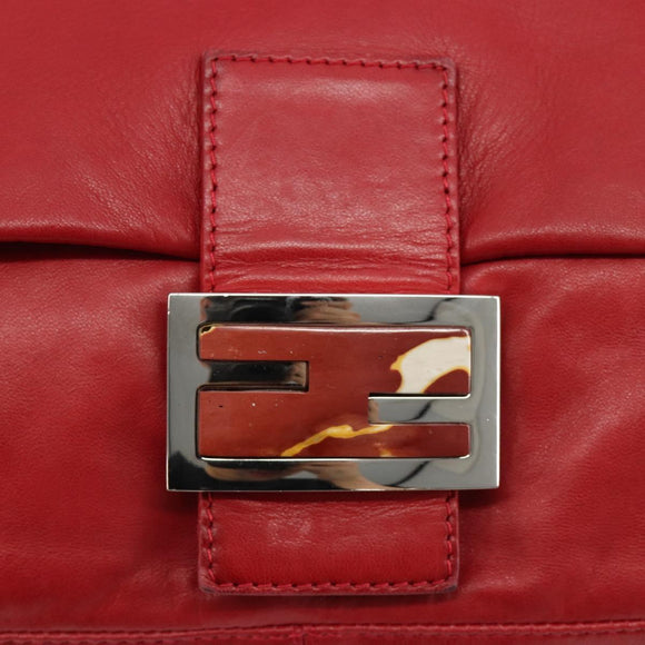 FENDI Mamma Baguette Shoulder Bag Leather Red Silver 2373 26325 Auth 181860M