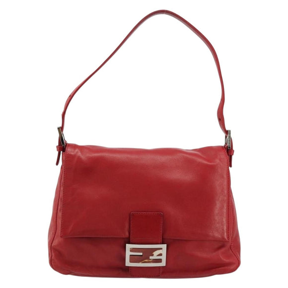 FENDI Mamma Baguette Shoulder Bag Leather Red Silver 2373 26325 Auth 181860M