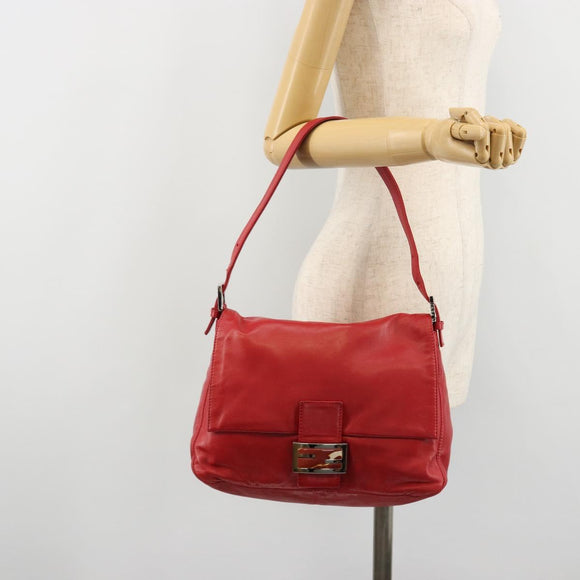 FENDI Mamma Baguette Shoulder Bag Leather Red Silver 2373 26325 Auth 181860M