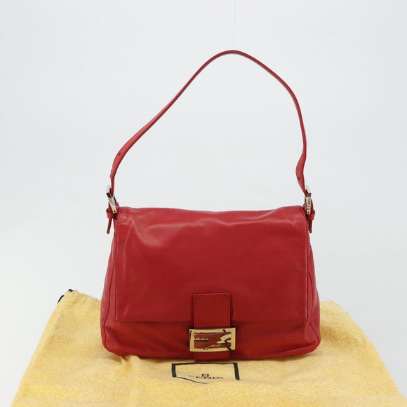 FENDI Mamma Baguette Shoulder Bag Leather Red Silver 2373 26325 Auth 181860M