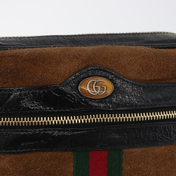 GUCCI Web Sherry Line Shoulder Bag Suede Brown Gold 573321 Auth 181861