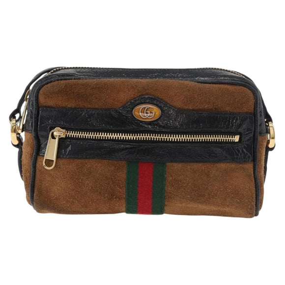 GUCCI Web Sherry Line Shoulder Bag Suede Brown Gold 573321 Auth 181861