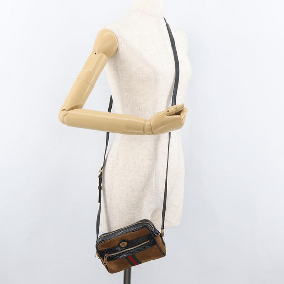 GUCCI Web Sherry Line Shoulder Bag Suede Brown Gold 573321 Auth 181861