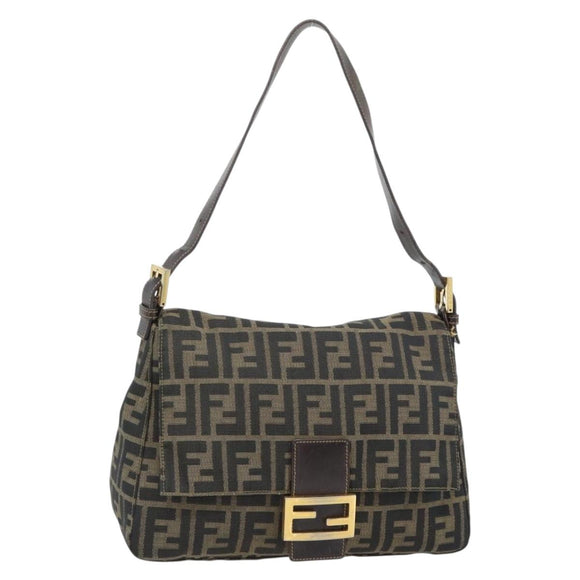 FENDI Zucca Canvas Mamma Baguette Shoulder Bag Black Brown Auth 181871M