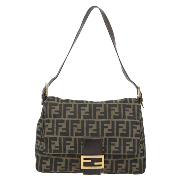FENDI Zucca Canvas Mamma Baguette Shoulder Bag Black Brown Auth 181871M