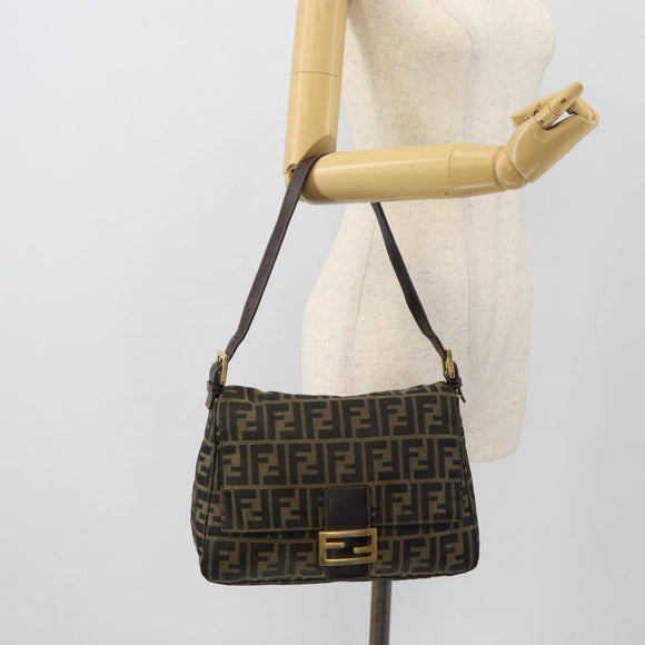 FENDI Zucca Canvas Mamma Baguette Shoulder Bag Black Brown Auth 181871M
