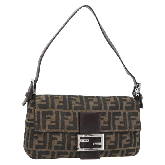 FENDI Zucca Canvas Mamma Baguette Shoulder Bag Black Brown Auth 181873SAM