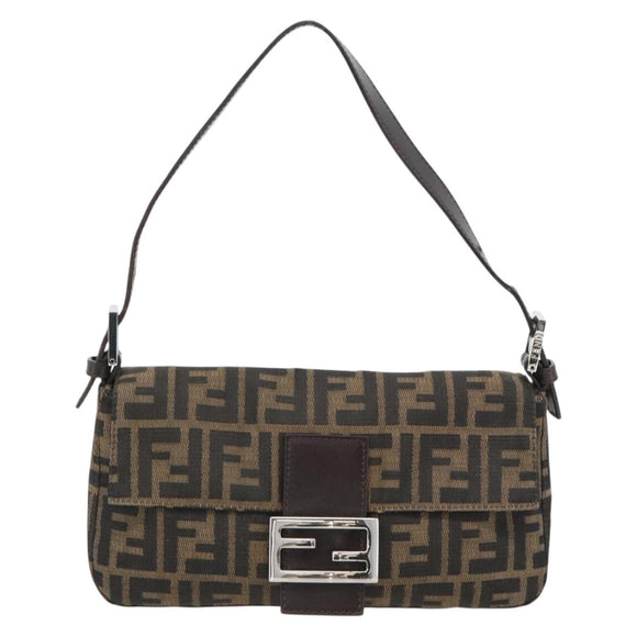 FENDI Zucca Canvas Mamma Baguette Shoulder Bag Black Brown Auth 181873SAM
