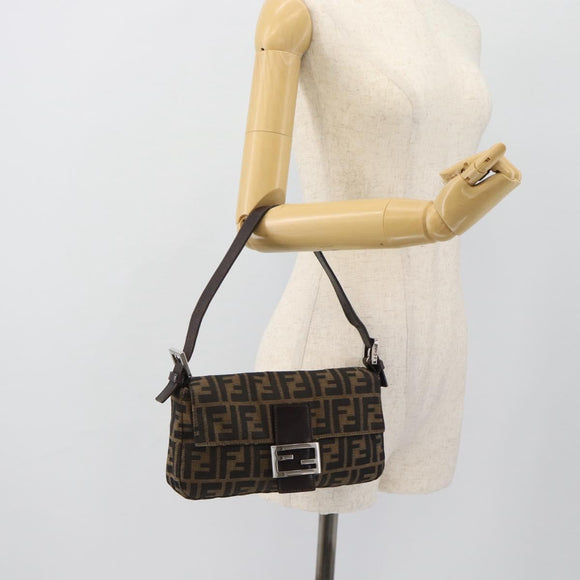 FENDI Zucca Canvas Mamma Baguette Shoulder Bag Black Brown Auth 181873SAM