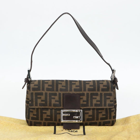 FENDI Zucca Canvas Mamma Baguette Shoulder Bag Black Brown Auth 181873SAM