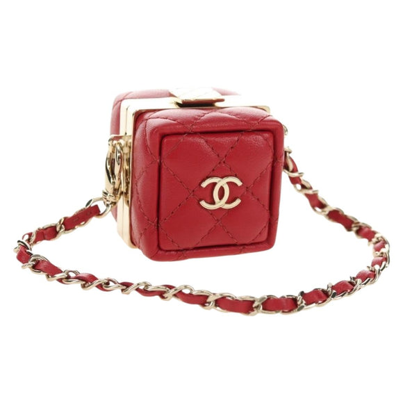 CHANEL Matelasse Taschenanhänger Lammleder Rot Gold CC Auth 181875SAM