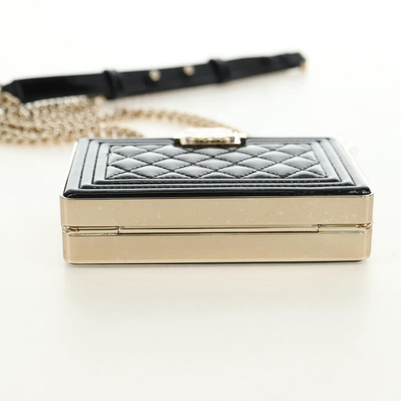 CHANEL Matelasse Boy Chanel Chain Wallet Bag Patent Black Gold CC Auth 181876SAM