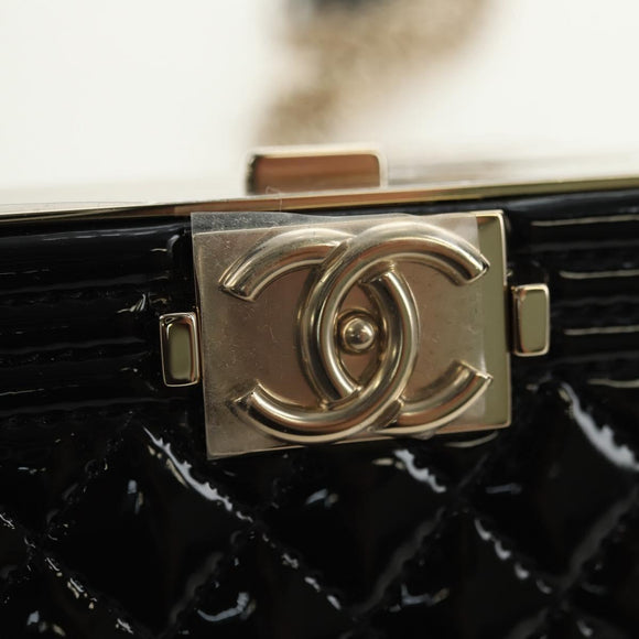 CHANEL Matelasse Boy Chanel Chain Wallet Bag Patent Black Gold CC Auth 181876SAM