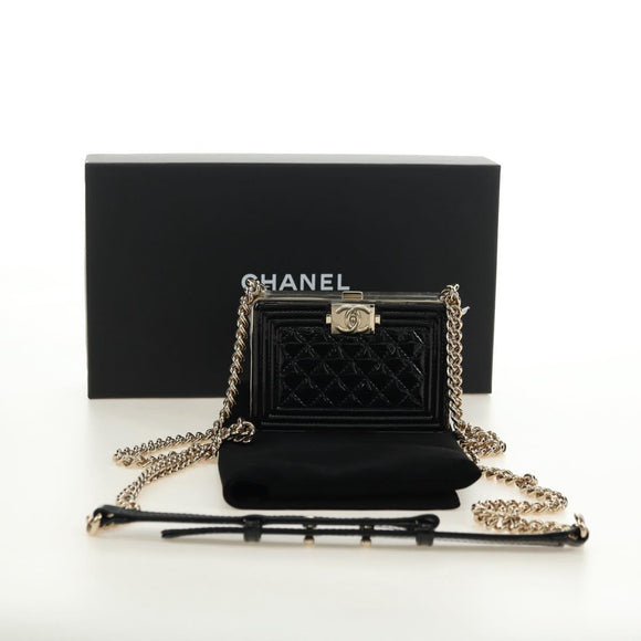 CHANEL Matelasse Boy Chanel Chain Wallet Bag Patent Black Gold CC Auth 181876SAM
