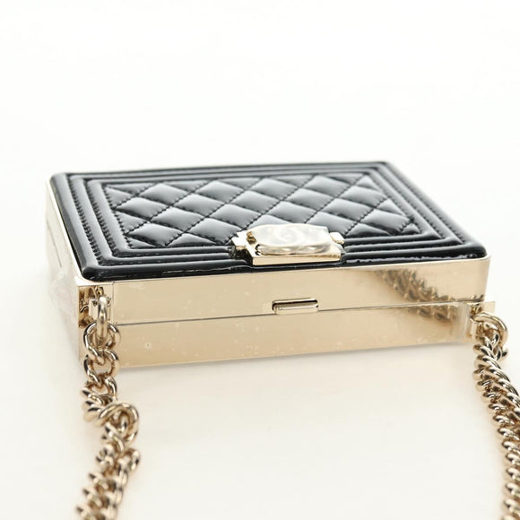 CHANEL Matelasse Boy Chanel Chain Wallet Bag Patent Black Gold CC Auth 181876SAM