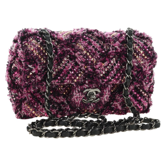 CHANEL Matelasse 21 Chain Shoulder Bag Tweed Pink Silver CC Auth 181879SAM
