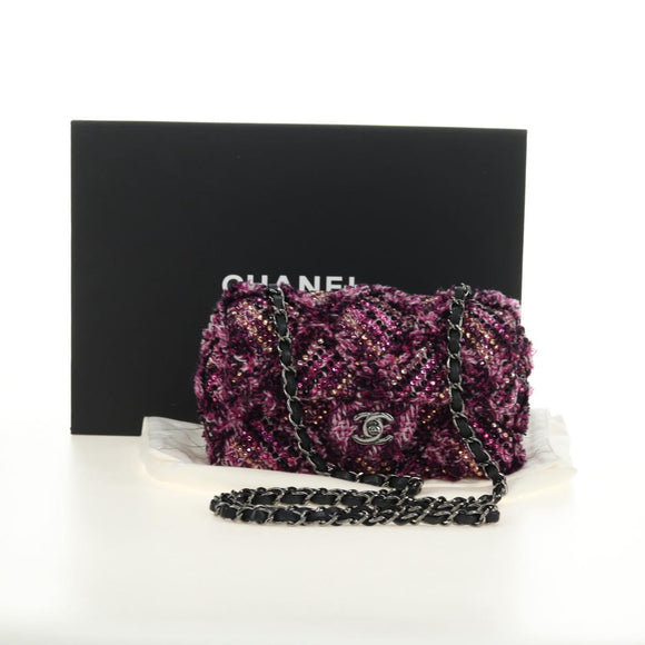 CHANEL Matelasse 21 Chain Shoulder Bag Tweed Pink Silver CC Auth 181879SAM