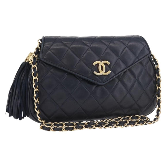 CHANEL Matelasse Chain Shoulder Bag Lamb Skin Navy Gold CC Auth 181880V