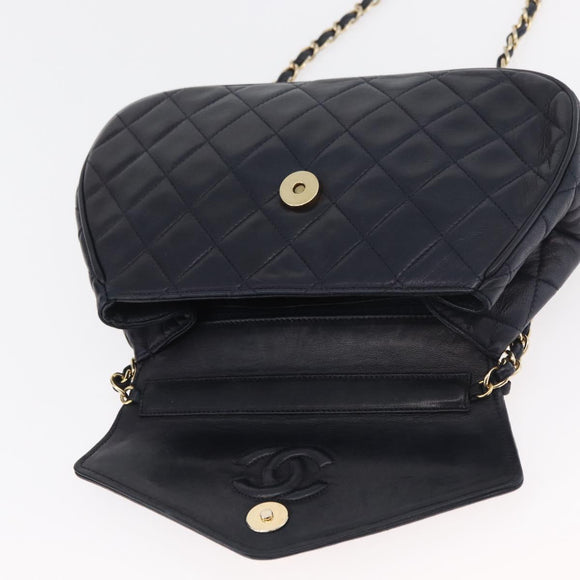 CHANEL Matelasse Chain Shoulder Bag Lamb Skin Navy Gold CC Auth 181880V